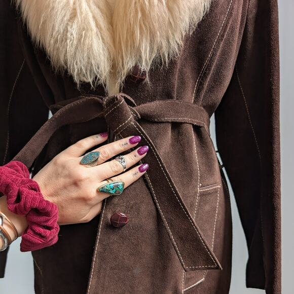 Vintage Brown Suede Penny Lane Jacket Belted Furry Leather Western Coat Medium - Picture 6 of 13